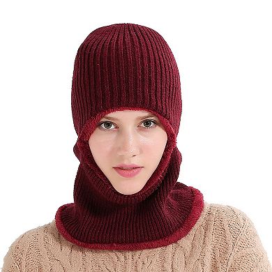 Women's Ribbed Knit Balaclava Hood Hat with Full Face Coverage and Soft Stretch Construction