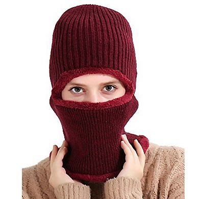 Women's Ribbed Knit Balaclava Hood Hat with Full Face Coverage and Soft Stretch Construction