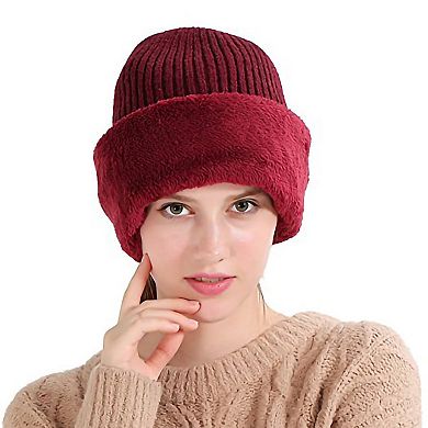 Women's Ribbed Knit Balaclava Hood Hat with Full Face Coverage and Soft Stretch Construction