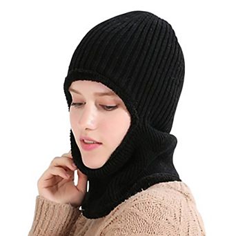 Women's Ribbed Knit Balaclava Hood Hat with Full Face Coverage and Soft Stretch Construction