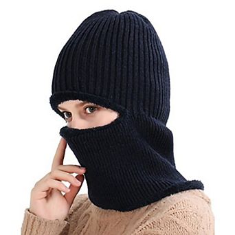 Women's Ribbed Knit Balaclava Hood Hat with Full Face Coverage and Soft Stretch Construction