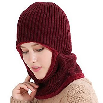 Women's Ribbed Knit Balaclava Hood Hat with Full Face Coverage and Soft Stretch Construction