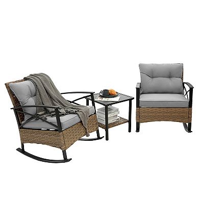 WOW PIONEER Outdoor Rattan Rocking Chair Set with Side Table for Relaxing Spaces