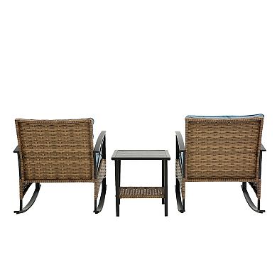 WOW PIONEER Outdoor Rattan Rocking Chair Set with Side Table for Relaxing Spaces