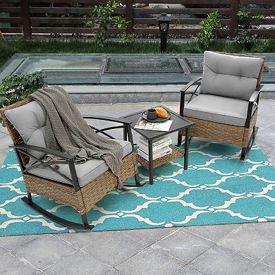 WOW PIONEER Outdoor Rattan Rocking Chair Set with Side Table for Relaxing Spaces