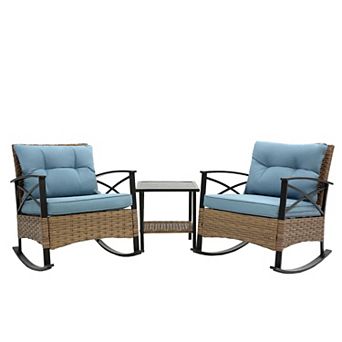 WOW PIONEER Outdoor Rattan Rocking Chair Set with Side Table for Relaxing Spaces
