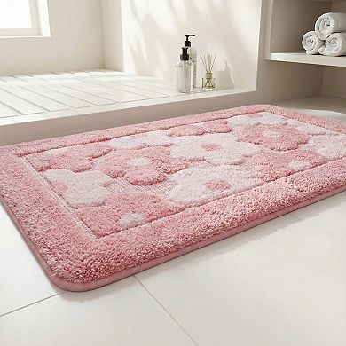 Plush Absorbent Bathroom Floor Mat with Floral Pattern Soft Textured Bath Rug