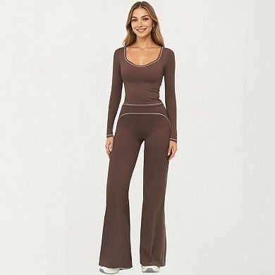 Women's Long Sleeve Cropped Top with V Neckline Contrast Trim and Smooth Stretch Fit