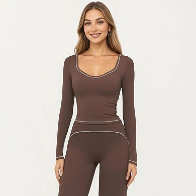 Women's Long Sleeve Cropped Top with V Neckline Contrast Trim and Smooth Stretch Fit