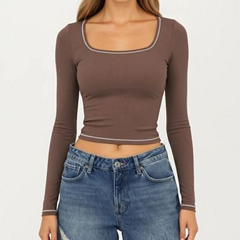 Women's Long Sleeve Cropped Top with V Neckline Contrast Trim and Smooth Stretch Fit
