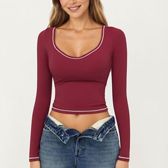 Women's Long Sleeve Cropped Top with V Neckline Contrast Trim and Smooth Stretch Fit