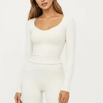 Women's Long Sleeve Cropped Top with V Neckline Contrast Trim and Smooth Stretch Fit