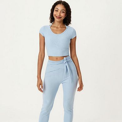 Women's Short Sleeve Ribbed Active Crop Top with Scoop Neck and Back Strap Detail