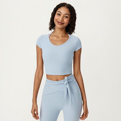Women's Short Sleeve Ribbed Active Crop Top with Scoop Neck and Back Strap Detail
