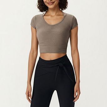 Women's Short Sleeve Ribbed Active Crop Top with Scoop Neck and Back Strap Detail