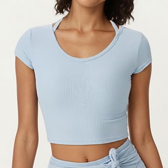 Women's Short Sleeve Ribbed Active Crop Top with Scoop Neck and Back Strap Detail