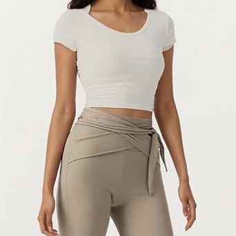 Women's Short Sleeve Ribbed Active Crop Top with Scoop Neck and Back Strap Detail