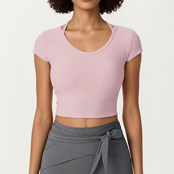 Women's Short Sleeve Ribbed Active Crop Top with Scoop Neck and Back Strap Detail