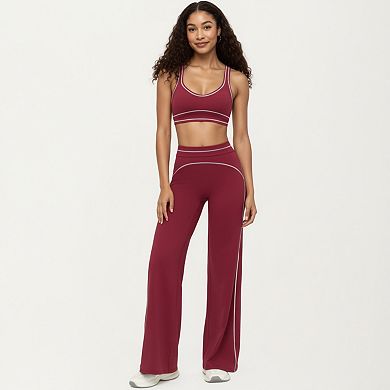 Women's Ribbed Fitted Sports Bra Top with Scoop Neck Contrast Trim and Medium Support