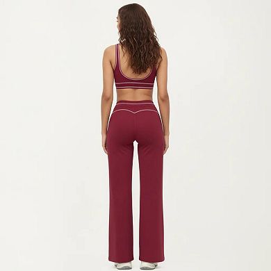 Women's Ribbed Fitted Sports Bra Top with Scoop Neck Contrast Trim and Medium Support