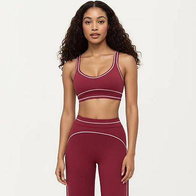Women's Ribbed Fitted Sports Bra Top with Scoop Neck Contrast Trim and Medium Support