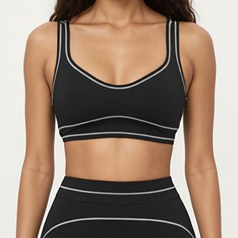 Women's Ribbed Fitted Sports Bra Top with Scoop Neck Contrast Trim and Medium Support