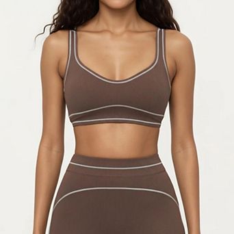 Women's Ribbed Fitted Sports Bra Top with Scoop Neck Contrast Trim and Medium Support