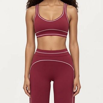 Women's Ribbed Fitted Sports Bra Top with Scoop Neck Contrast Trim and Medium Support