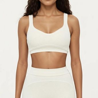 Women's Ribbed Fitted Sports Bra Top with Scoop Neck Contrast Trim and Medium Support