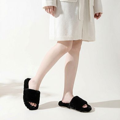 Women’s Plush Open Toe Slide House Slippers with Wide Soft Upper and Cushioned Footbed