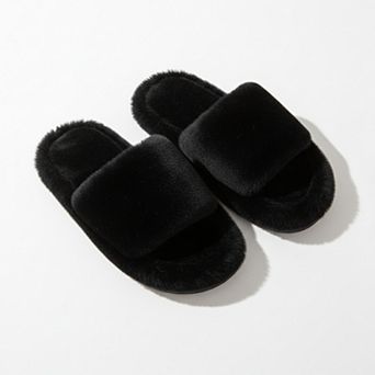 Women’s Plush Open Toe Slide House Slippers with Wide Soft Upper and Cushioned Footbed