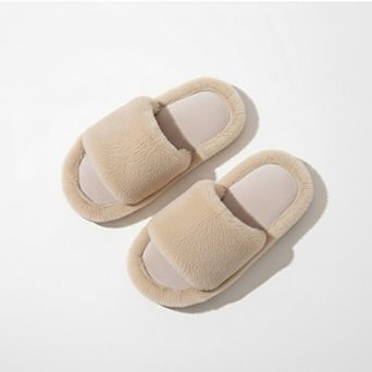 Women’s Plush Open Toe Slide House Slippers with Wide Soft Upper and Cushioned Footbed