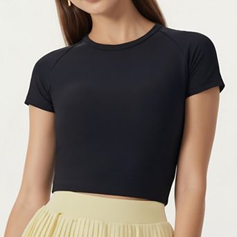 Women's Short Sleeve Cropped Active Top with Open Back Tie Detail and Stretch Fit