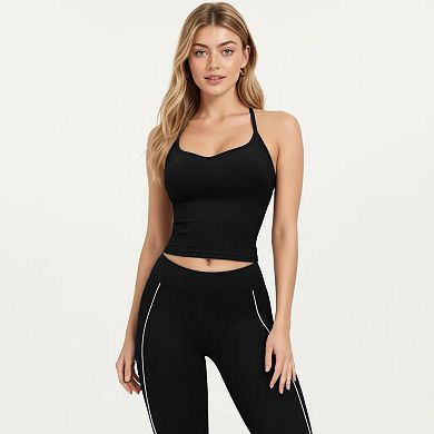 Women's Fitted Sports Bra Tank with V Neckline Adjustable Straps and Smooth Stretch Support