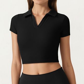 Women's Short Sleeve Cropped Active Polo Top with Collared V Neck and Stretch Fit