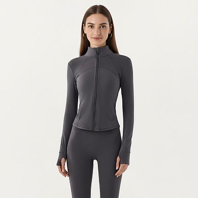 Women's Long Sleeve Fitted Athletic Jacket with Full Zip Front Thumbhole Cuffs and Contoured Seams