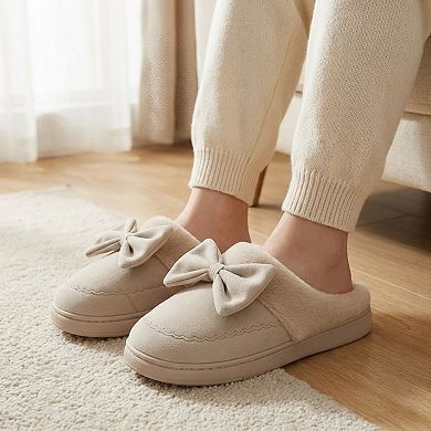 Women’s Closed Toe Mule House Slippers with Decorative Bow Detail and Cushioned Sole