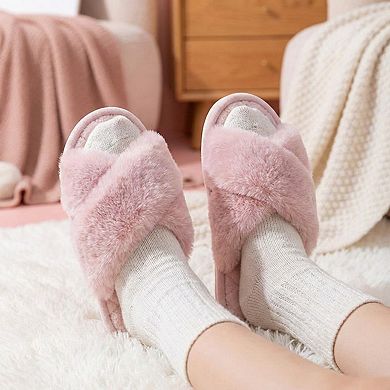 Women’s Plush Crisscross Slide House Slippers with Quilted Cushioned Footbed