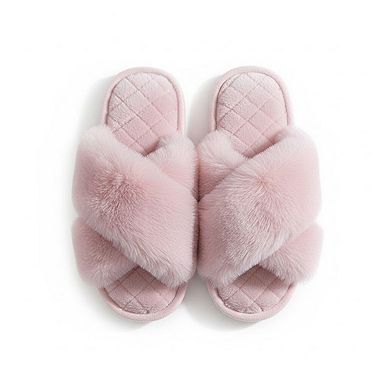 Women’s Plush Crisscross Slide House Slippers with Quilted Cushioned Footbed