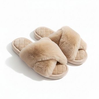 Women’s Plush Crisscross Slide House Slippers with Quilted Cushioned Footbed