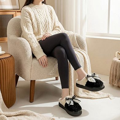 Women’s Plush Closed Toe Mule House Slippers with Decorative Bow and Cushioned Sole