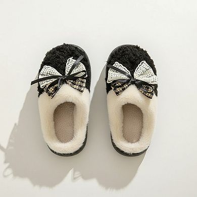 Women’s Plush Closed Toe Mule House Slippers with Decorative Bow and Cushioned Sole