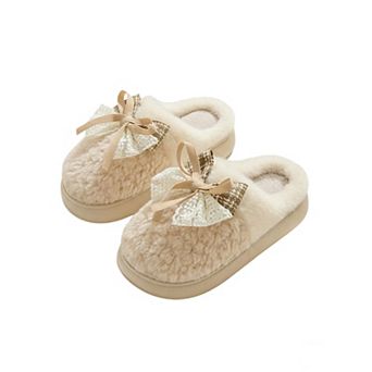 Women’s Plush Closed Toe Mule House Slippers with Decorative Bow and Cushioned Sole
