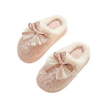 Women’s Plush Closed Toe Mule House Slippers with Decorative Bow and Cushioned Sole