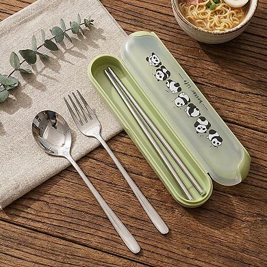 Panda Print Portable Cutlery Set with Storage Case Spoon Fork Chopsticks Travel Tableware