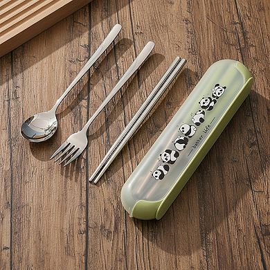 Panda Print Portable Cutlery Set with Storage Case Spoon Fork Chopsticks Travel Tableware
