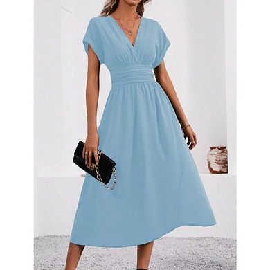 Women's Short Sleeve Maxi Dress Casual V Neck Flowy A Line Work Office Summer Dresses