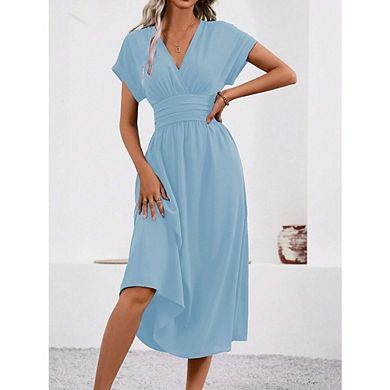 Women's Short Sleeve Maxi Dress Casual V Neck Flowy A Line Work Office Summer Dresses