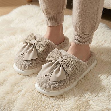 Women’s Plush Mule House Slippers with Oversized Bow Accent and Soft Cushioned Footbed