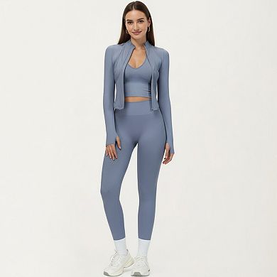 Women's Long Sleeve Zip Front Fitted Active Top with High Neck and Thumbhole Cuffs